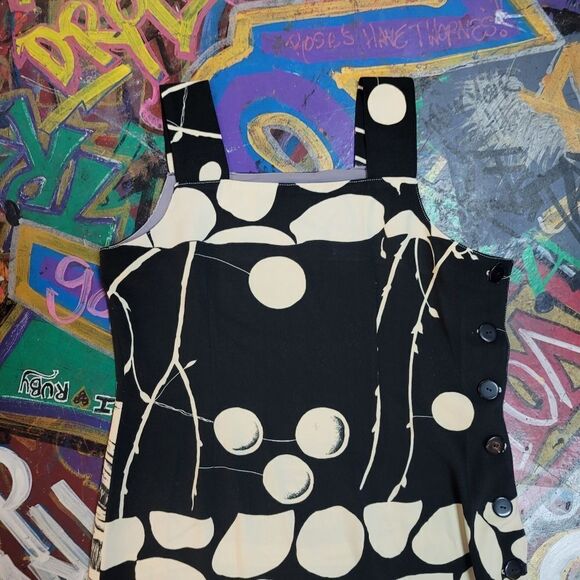 Late 90s/Y2K Rue Gallin polka dot & stripe black & white button side midi dress - Picture 2 of 8